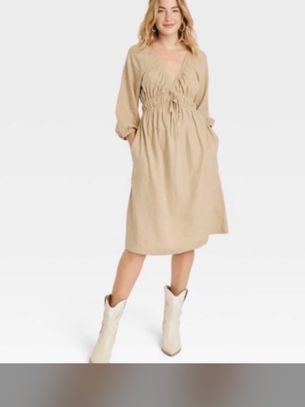 Universal Thread tan puff sleeve dress with tie detail pockets linen blend